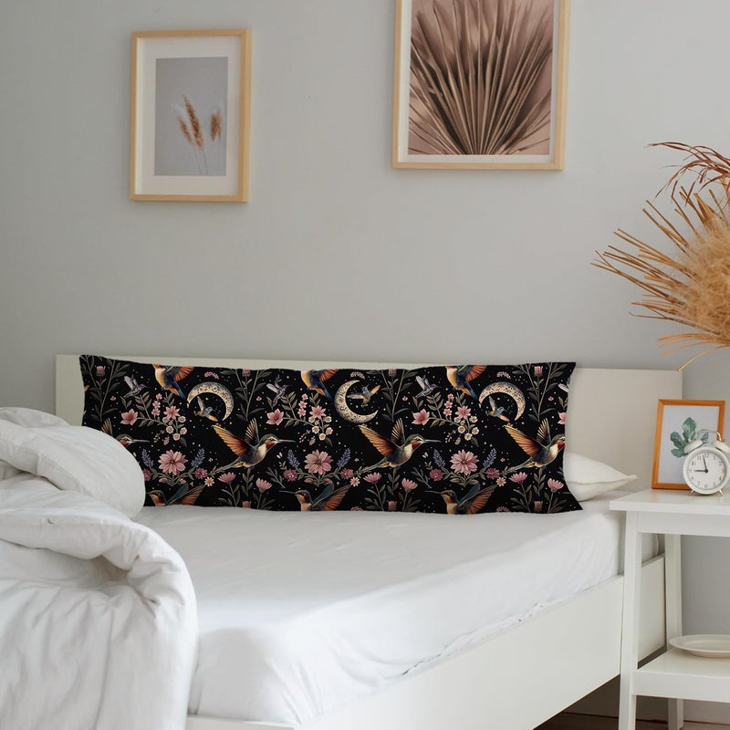 Exqcom Vintage Moody Dark Floral Hummingbird Moon Body Pillow Cover 20x54, Dark Academia Cottagecore Gothic Witchy Tropical Bird Long Body Pillow Case Cover with Hidden Zipper for Sofa Bed Home Room - Image 3
